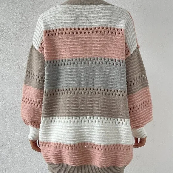 Multicolor Casual Womens Color Block Drop Shoulder Open Front Cardigan - Picture 2 of 5